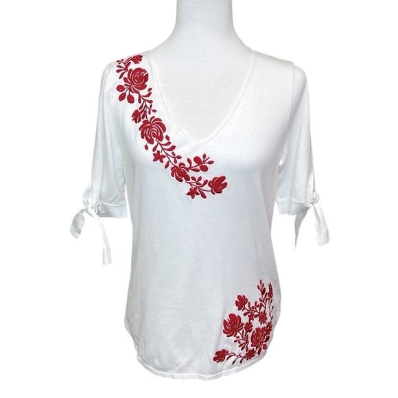 Talbots Floral Embroidered White and Red Blouse - Picture 4 of 7
